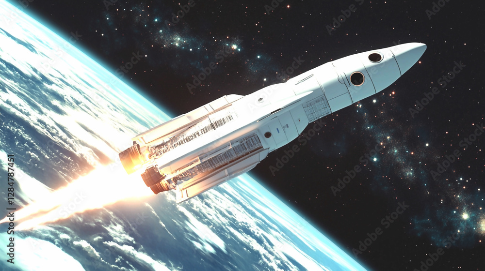 Naklejka premium A Celestial Ascent: A majestic rocket launches from Earth into the inky expanse of space, a symbol of human ingenuity and exploration, leaving a trail of fire.