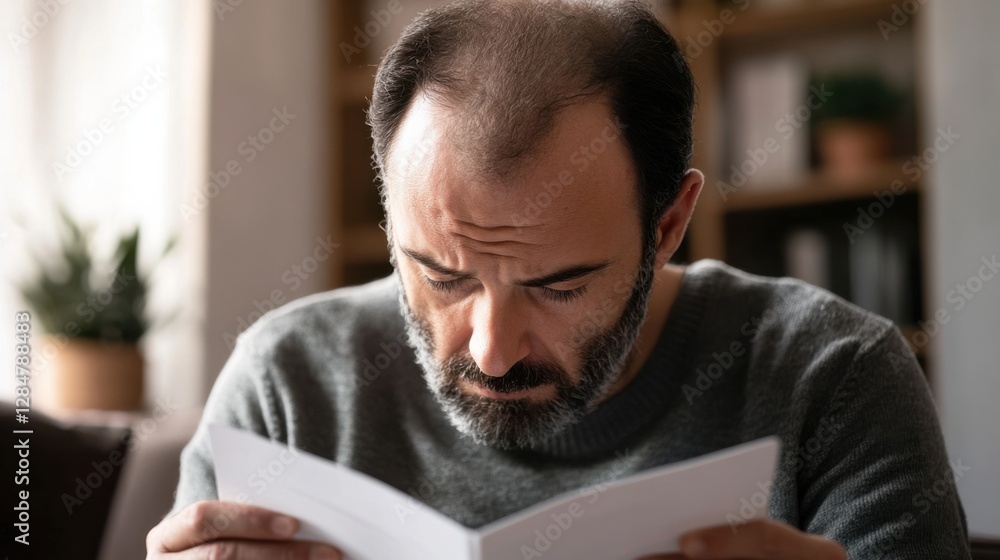 Hair loss shown in a person reading about hair growth solutions in a cozy living room. Featuring knowledge and awareness Hair loss shown in a person reading about hair growth solutions in a cozy living room. Featuring knowledge and awareness