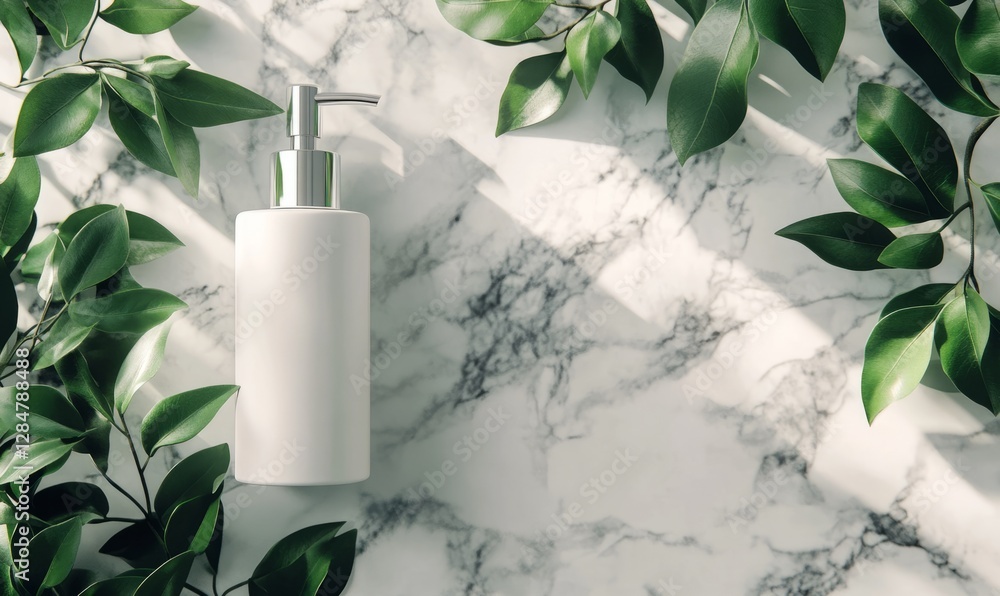 A sleek white pump bottle is positioned on a marble surface, accompanied by fresh green leaves, suggesting a clean and natural aesthetic. A sleek white pump bottle is positioned on a marble surface, accompanied by fresh green leaves, suggesting a clean and natural aesthetic.