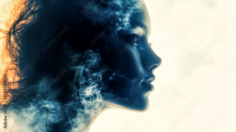 Profile of a woman blended with ethereal smoke, creating an artistic fusion of portraiture and abstract elements. Profile of a woman blended with ethereal smoke, creating an artistic fusion of portraiture and abstract elements.