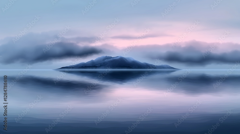 Serene island landscape at dawn with soft reflections and colorful sky, ideal for tranquil settings Serene island landscape at dawn with soft reflections and colorful sky, ideal for tranquil settings