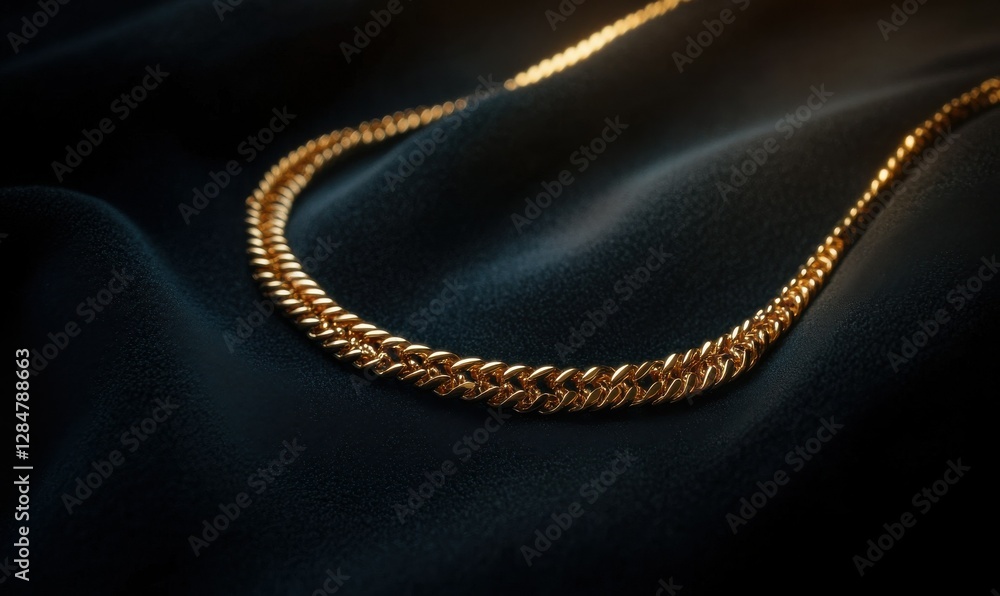 Fototapeta premium Elegant gold necklace resting on a sleek black velvet surface, softly illuminated to highlight its intricate details and luxurious shine