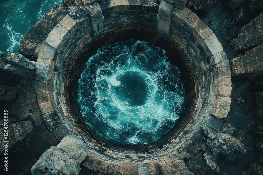 Fototapeta premium Ocean water swirls within a circular stone structure, a breathtaking aerial view.