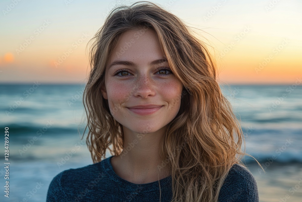 A young woman with freckles smiles gently at the camera, ocean sunset in the background. A young woman with freckles smiles gently at the camera, ocean sunset in the background.