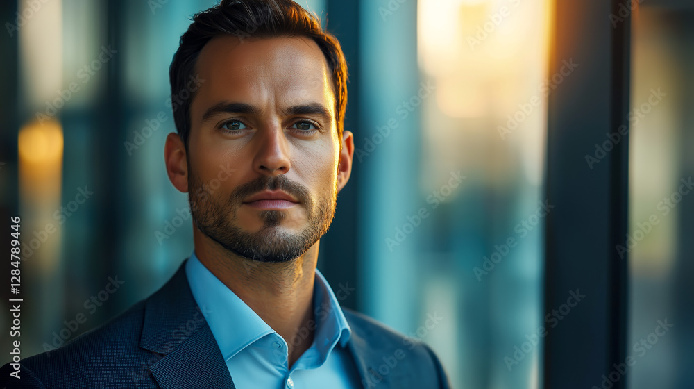 Confident man in suit looks directly at viewer with a determined gaze against a modern, blurred office building backdrop.
