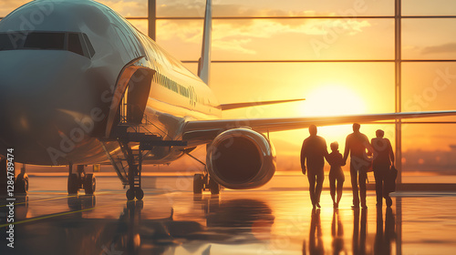 A plane is parked at the airport, and people board it from above and below with their luggage
