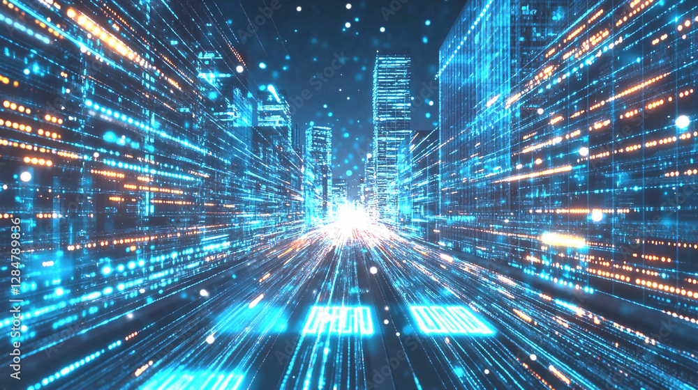 Cyber City: An abstract representation of a futuristic city, pulsating with digital energy, neon lights, and data streams.