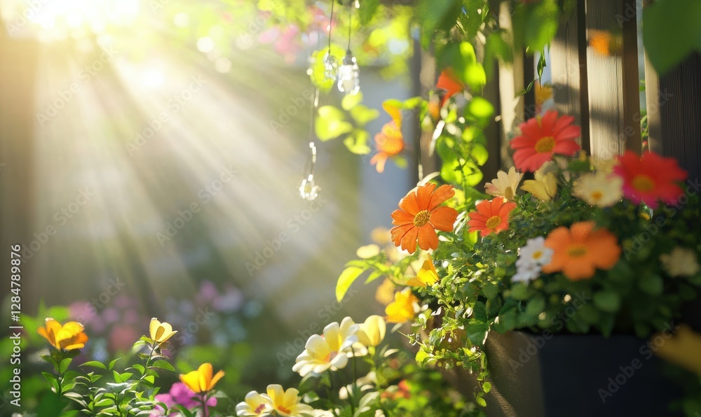 Obraz premium Bright garden scene with colorful blooming flowers, soft sunlight highlighting vibrant petals and creating a lively and cheerful outdoor ambiance,