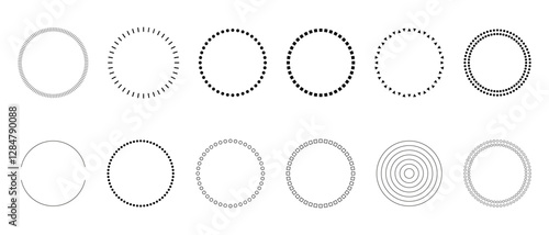 Set of circle frames of same diameter with different contours in form of dots, circles, squares, sticks, stripes, triangles. Vector illustration of templates for text, graphics, icons, highlighting.