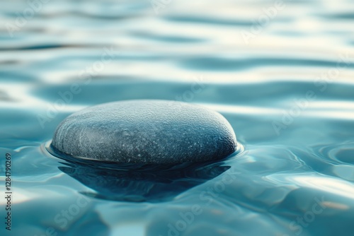 A smooth, dark grey stone rests gently on the surface of calm, turquoise water.