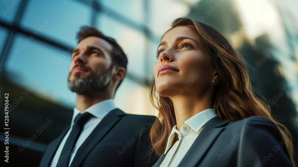 Professional duo gazing upwards, symbolizing ambition and forward-thinking, set against a modern building backdrop. Professional duo gazing upwards, symbolizing ambition and forward-thinking, set against a modern building backdrop.