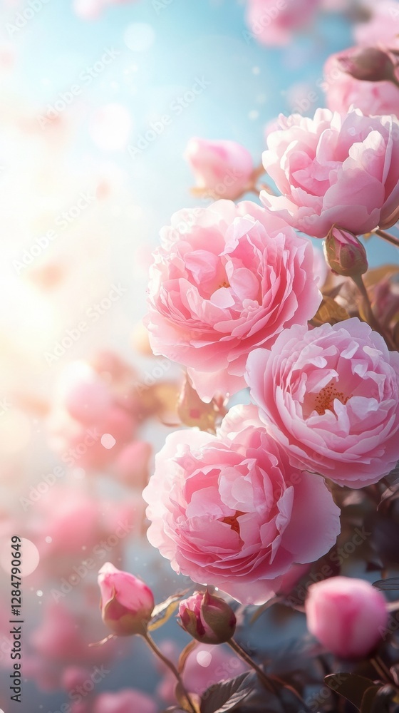 Elegant Pink peony roses with Floating Petals in Soft Sunlight. Space for text. Elegant Pink peony roses with Floating Petals in Soft Sunlight. Space for text.