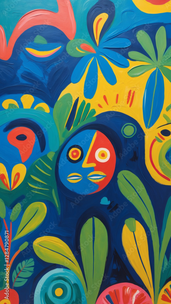 Obraz premium Colorful abstract face and flora in a contemporary painting evokes nature and human connection through bold shapes and vibrant hues.