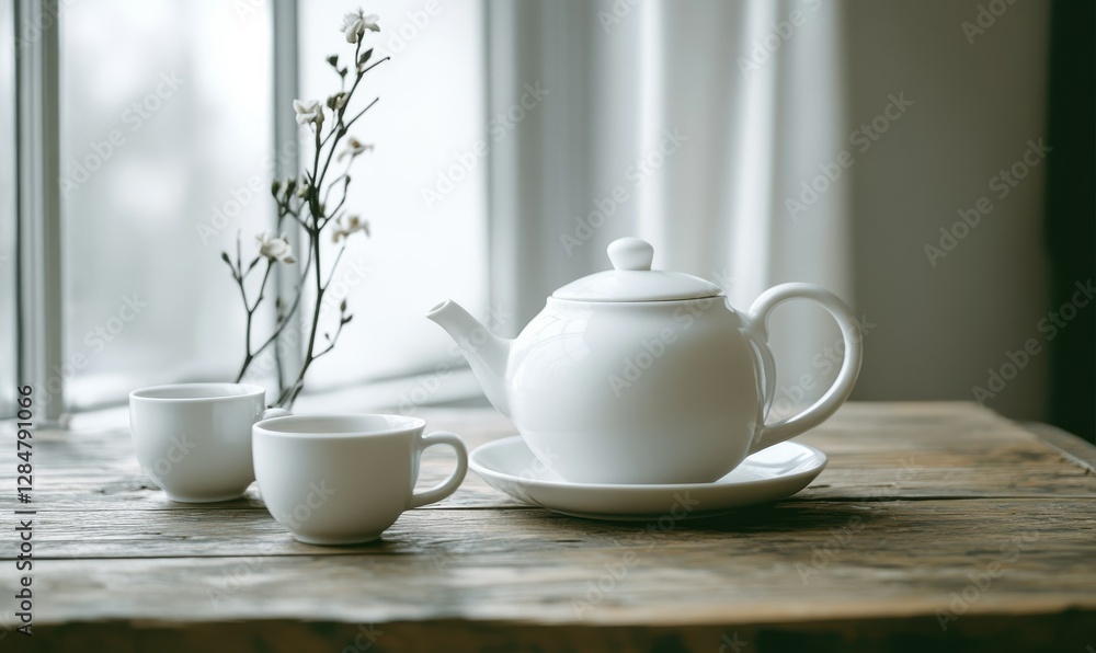 Elegant white porcelain teapot and matching cups placed on a rustic wooden table, soft natural light highlighting its minimalist design and inviting tones Elegant white porcelain teapot and matching cups placed on a rustic wooden table, soft natural light highlighting its minimalist design and inviting tones
