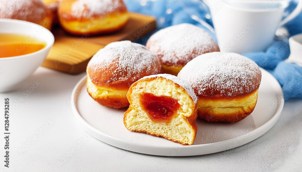 Traditional Polish donuts with powdered sugar, filled with marmalade. AI Traditional Polish donuts with powdered sugar, filled with marmalade. AI