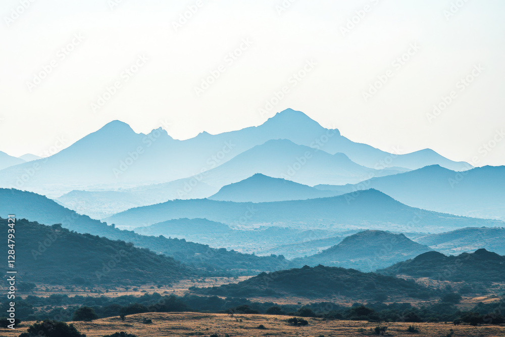 Obraz premium Layered mountain landscape with misty blue hues and rolling hills under a clear sky.