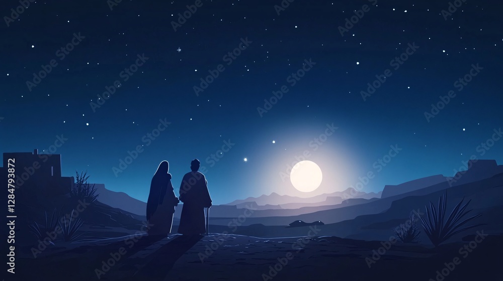 Silhouette of a Couple Gazing at a Bright Moon and Starry Night over a Vast Desert Landscape Silhouette of a Couple Gazing at a Bright Moon and Starry Night over a Vast Desert Landscape
