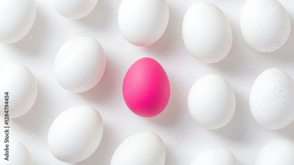 A pink egg is surrounded by white eggs on a light-colored surface with speckles on the top of the eggs A pink egg is surrounded by white eggs on a light-colored surface with speckles on the top of the eggs