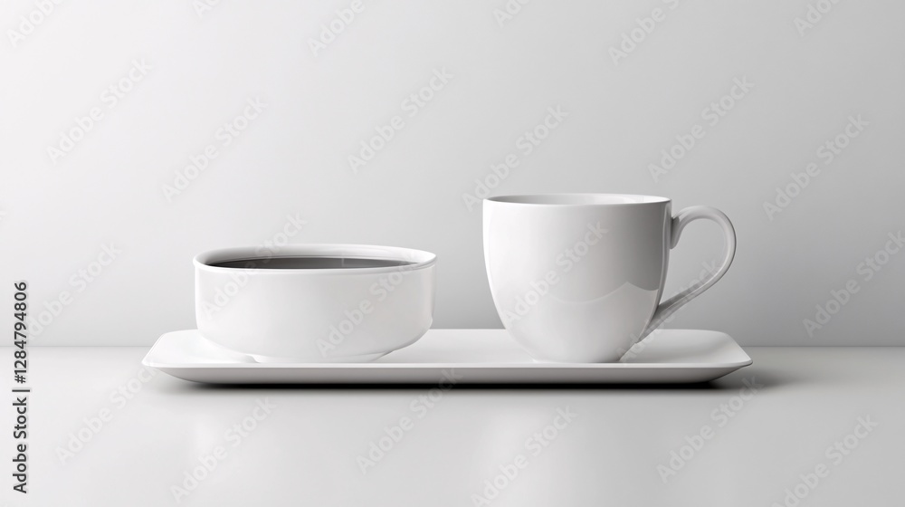 Simple White Mug and Bowl on Tray Minimalist Still Life Simple White Mug and Bowl on Tray Minimalist Still Life