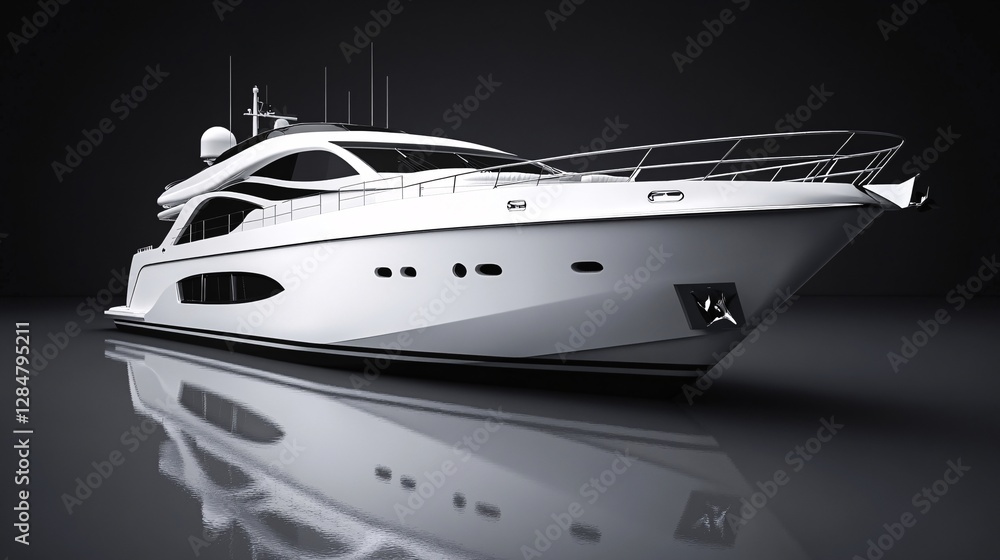 Naklejka premium Sleek White Yacht on Calm Water, Luxury Vessel, Modern Design, Reflection