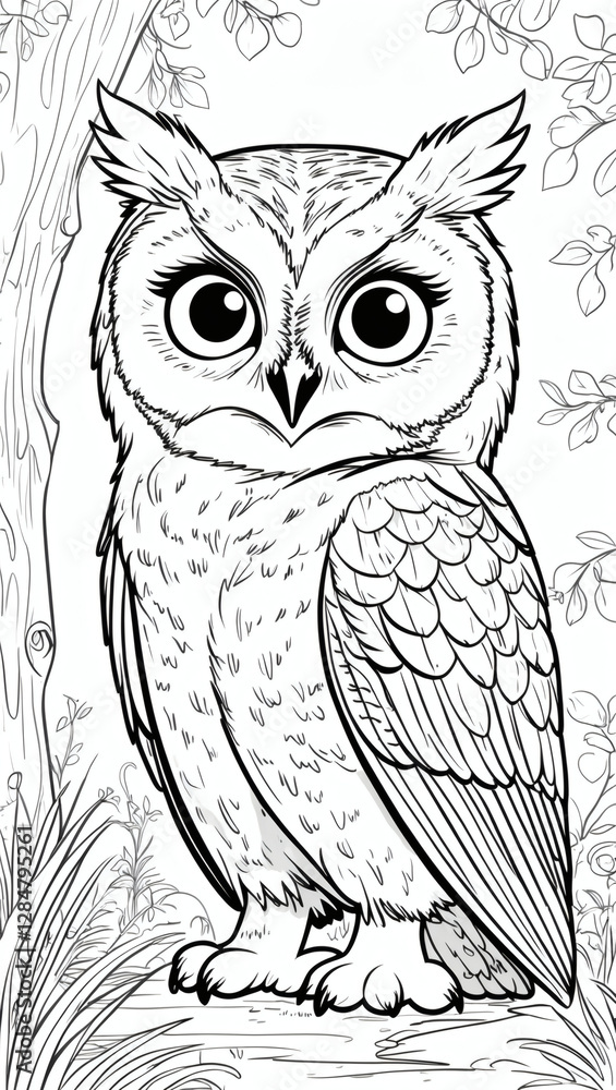Obraz premium Detailed illustration of an owl perched on a tree branch, blending a cartoon style with realistic elements in a monochrome palette.