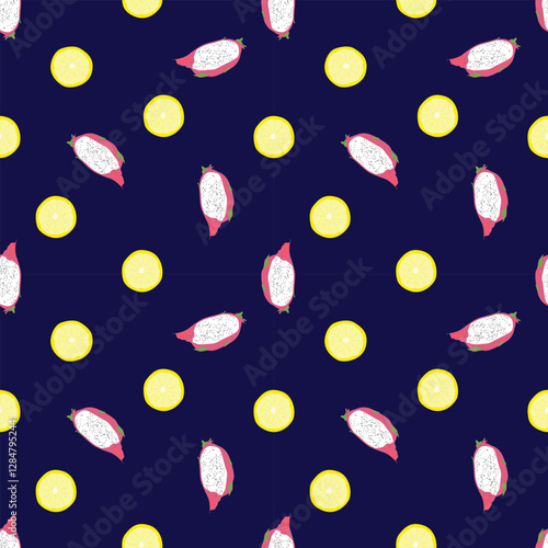 Seamless hand drawn vector, tropical fruits Pitahaya. Dragon fruit oranges summer. Healthy food, vegans. Veganuary. Cactus. Tropical exotic fruits. For menu, cafe, wallpaper, fabric, wrapping