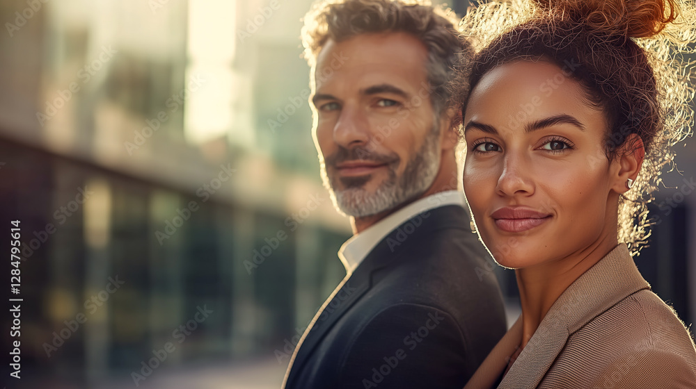 Professional man and woman in business attire with a city background. They have a friendly expression.