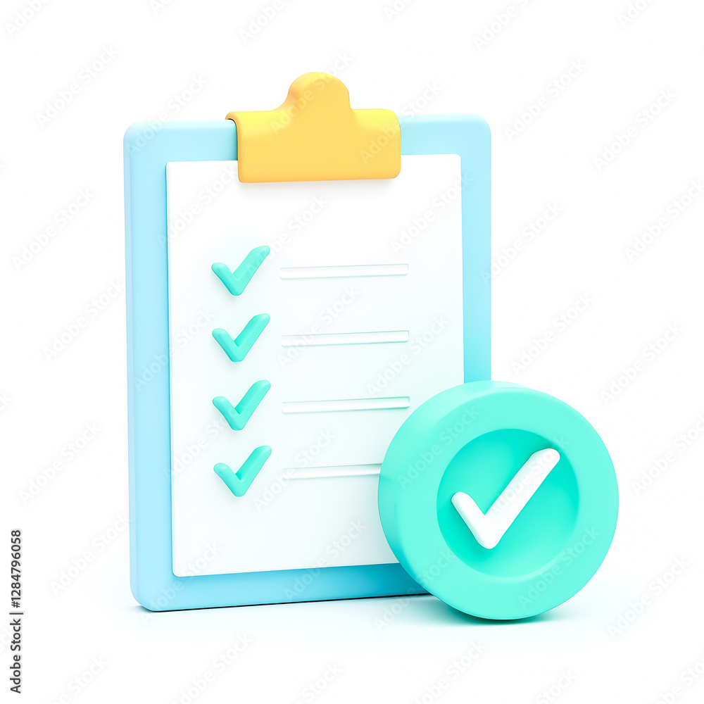 3d render of a light blue clipboard with checklist and teal checkmark 3d render of a light blue clipboard with checklist and teal checkmark