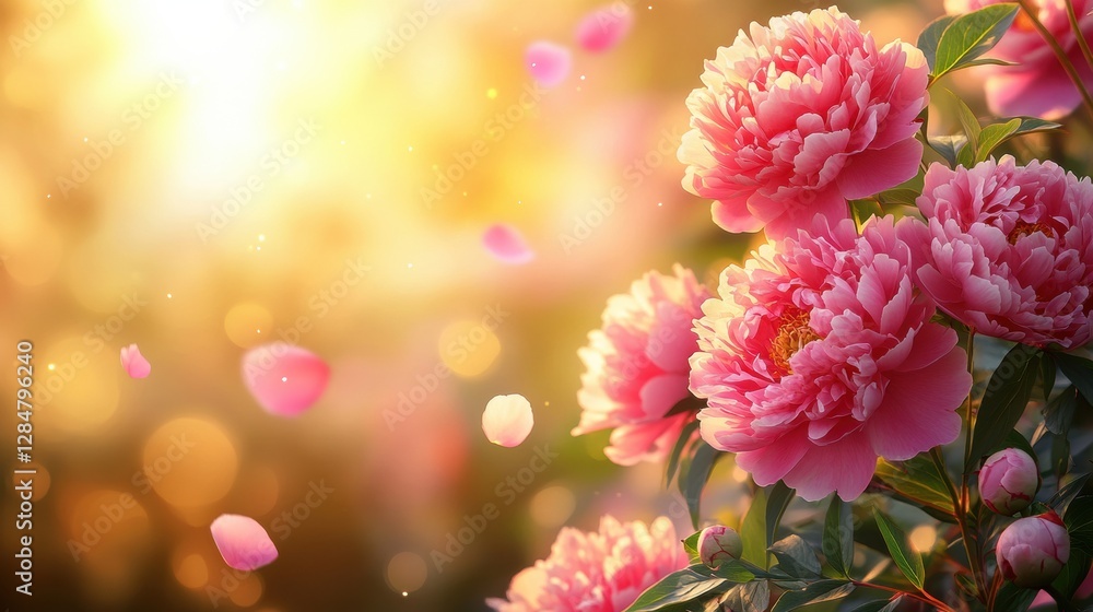 Elegant Pink peony roses with Floating Petals in Soft Sunlight. Space for text. Elegant Pink peony roses with Floating Petals in Soft Sunlight. Space for text.