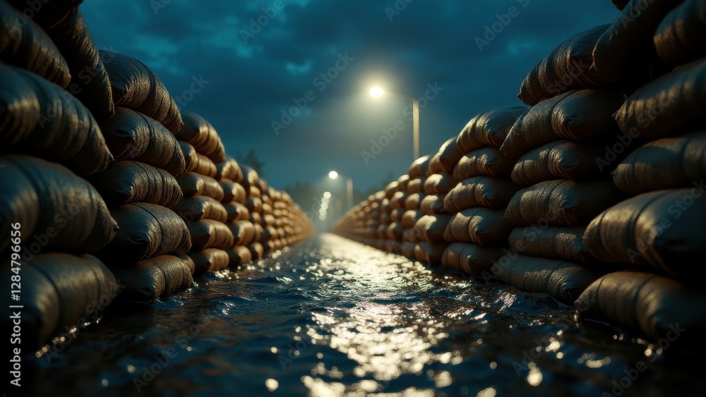 Obraz premium Sandbags, Hyper-realistic sandbags under artificial floodlights water lapping at edges front view urgent atmosphere