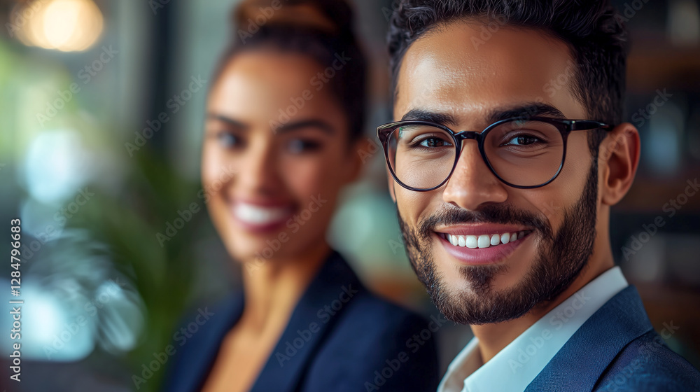 Professional Team: Confident man and woman smiling in a bright office environment, exuding success and collaboration. Professional Team: Confident man and woman smiling in a bright office environment, exuding success and collaboration.
