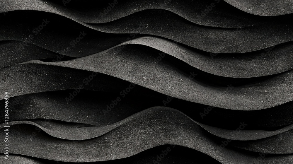 A monochrome picture of wave-like patterns adorning a building's wall, featuring a clock atop it A monochrome picture of wave-like patterns adorning a building's wall, featuring a clock atop it