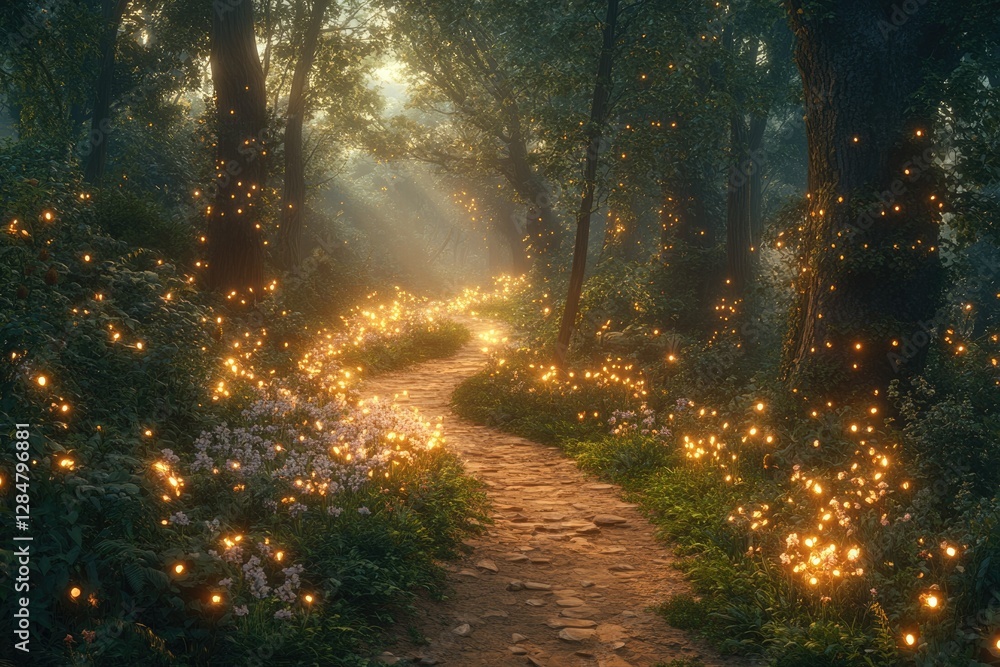 Enchanted forest path illuminated by glowing fireflies and flowers. Enchanted forest path illuminated by glowing fireflies and flowers.
