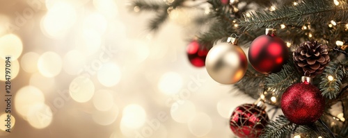 Festive christmas tree with colorful ornaments and pine cones