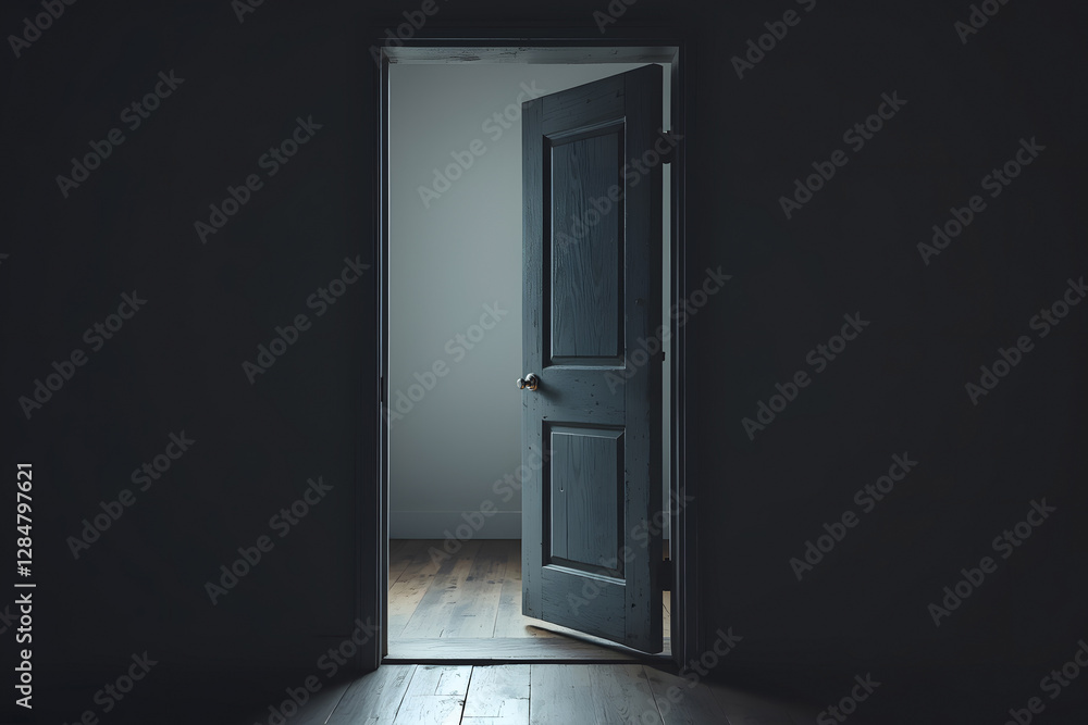 Ajar Blue Door with Silver Knob on Wood Floor Ajar Blue Door with Silver Knob on Wood Floor