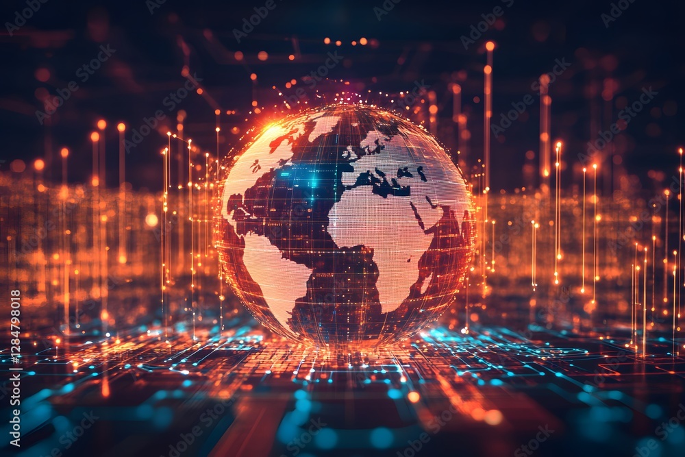 Digital World: The planet Earth glows brightly, encircled by vibrant streams of digital data. Digital World: The planet Earth glows brightly, encircled by vibrant streams of digital data.