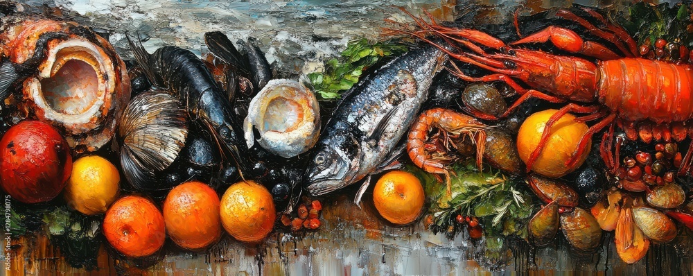 Vibrant seafood and fruit still life with lobster and fish Vibrant seafood and fruit still life with lobster and fish