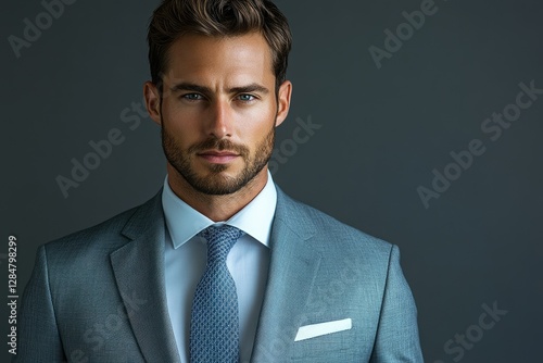 A handsome man in a grey suit, serious expression, professional portrait.
