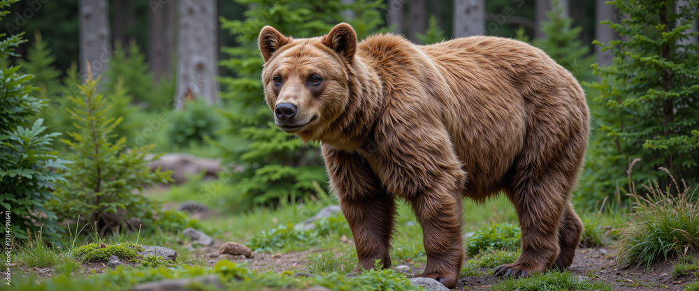 Fototapeta premium Brown bear in a lush green forest exhibiting curiosity while exploring its natural habitat surrounded by coniferous trees