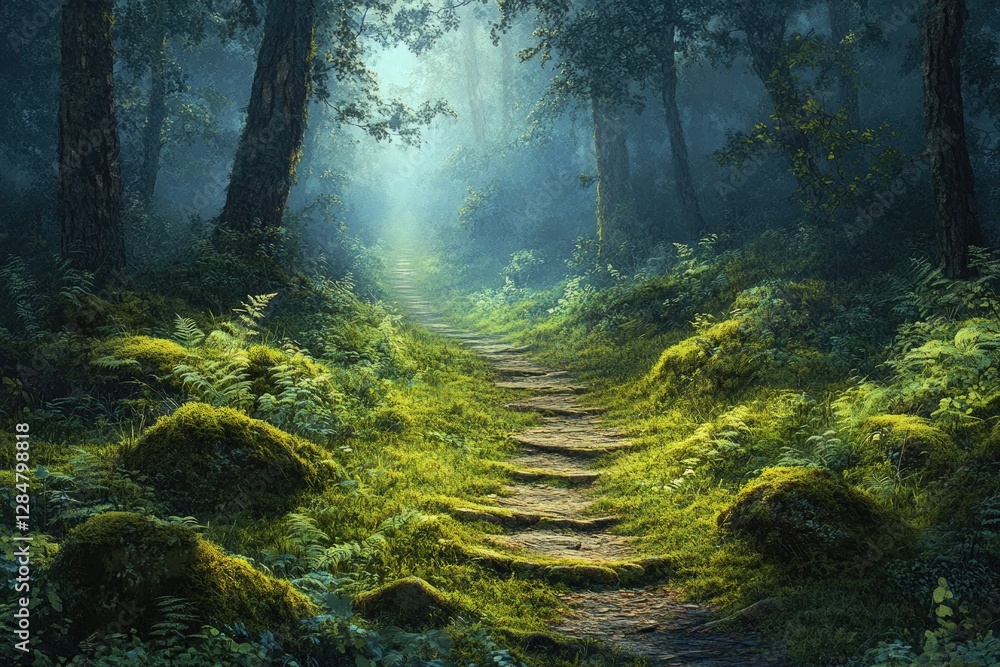 A mystical forest path winds through lush greenery, bathed in ethereal sunlight. A mystical forest path winds through lush greenery, bathed in ethereal sunlight.