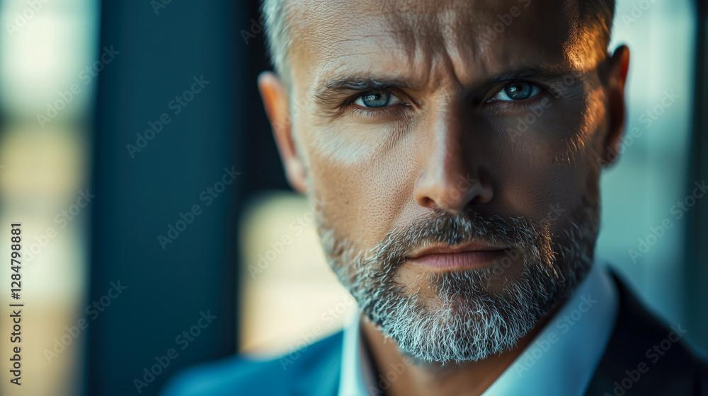 Intense gaze of a confident, mature man with a distinguished salt-and-pepper beard and sharp blue eyes. Close-up portrait. Intense gaze of a confident, mature man with a distinguished salt-and-pepper beard and sharp blue eyes. Close-up portrait.