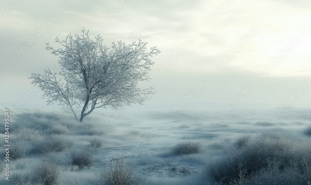 Leafless tree in a misty field under a soft gray sky, diffused light creating a peaceful and mysterious winter landscape Leafless tree in a misty field under a soft gray sky, diffused light creating a peaceful and mysterious winter landscape