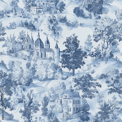 Wallpaper Mural Old city tapestry blue fabric, wallpaper, seamless pattern Torontodigital.ca