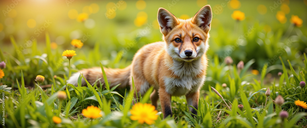 Naklejka premium Playful fox standing amidst vibrant yellow flowers in a sunlit meadow exuding a sense of curiosity and liveliness