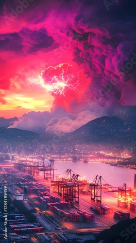 Cityscape Under Fiery Sky: An awe-inspiring panorama of a bustling cityscape at dusk, framed by a dramatic sky ablaze with intense hues of pink, purple, and orange.