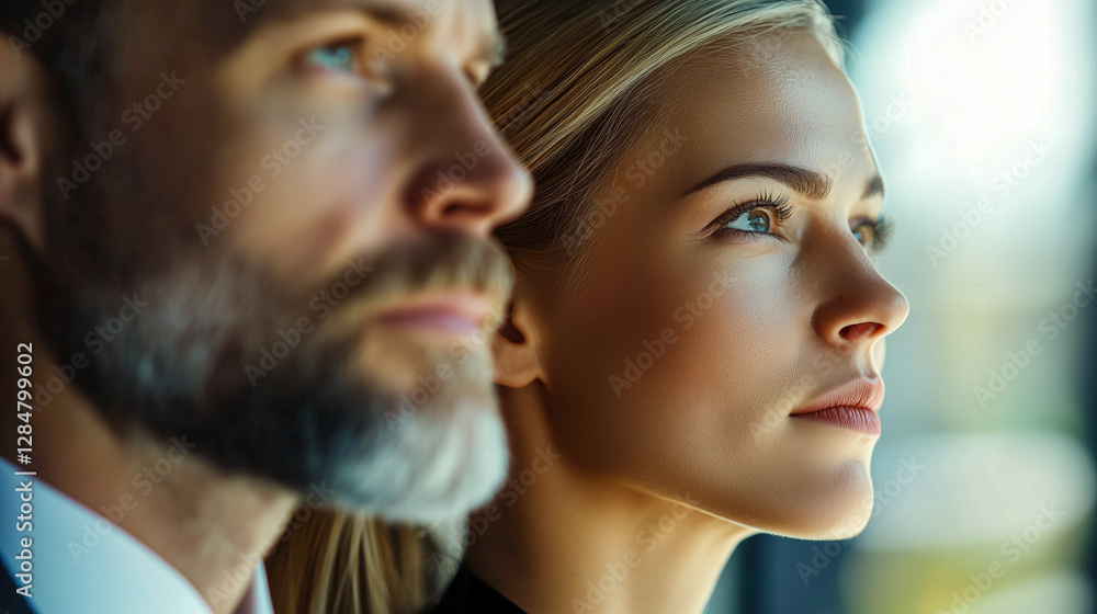 A man and woman look thoughtfully into the distance, heads close together in a shared moment of contemplation and reflection. A man and woman look thoughtfully into the distance, heads close together in a shared moment of contemplation and reflection.