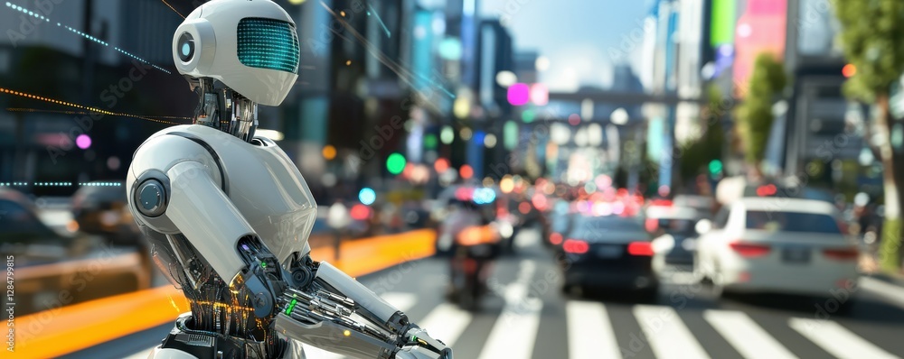Futuristic robot in urban street with blurred traffic and neon lights Futuristic robot in urban street with blurred traffic and neon lights