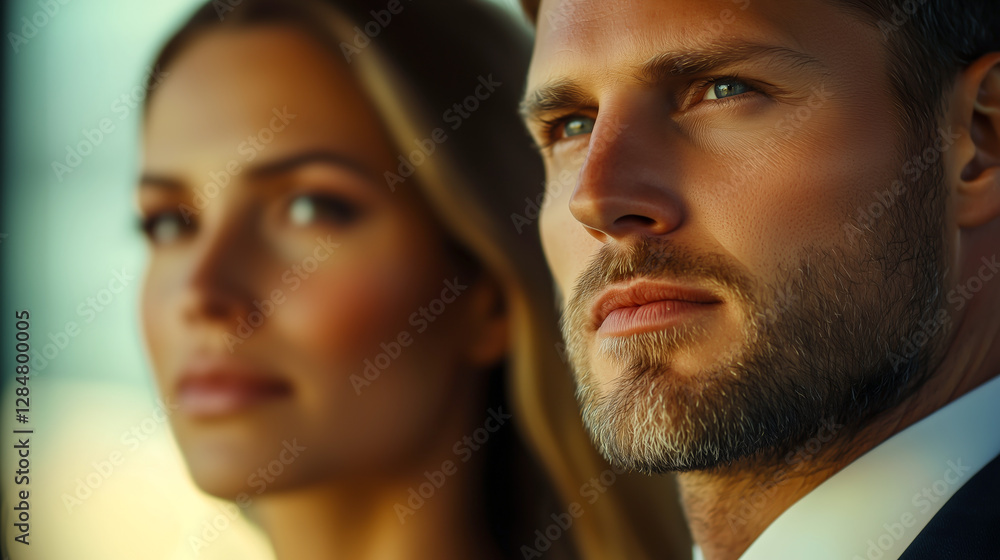 Professional couple looking into the distance with sunlight illuminating them, exuding sophistication and aspiration. Professional couple looking into the distance with sunlight illuminating them, exuding sophistication and aspiration.