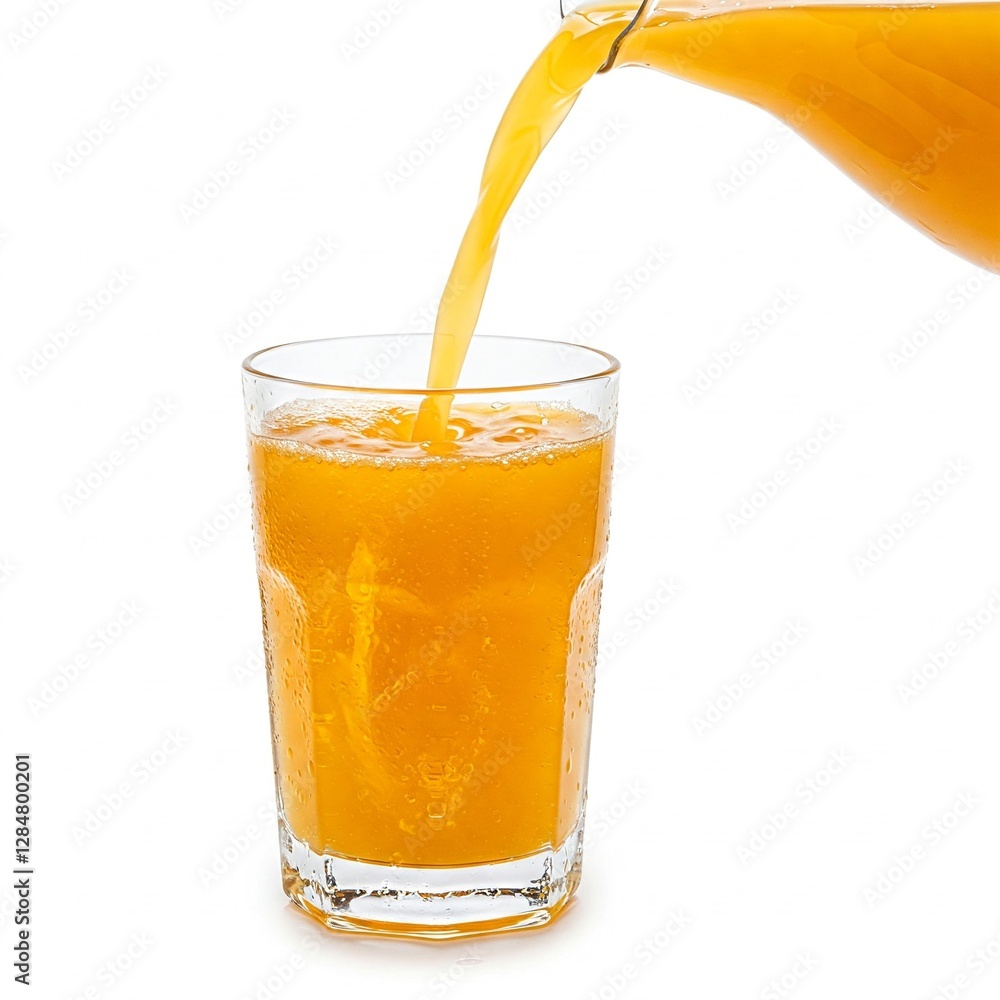 a glass of fresh orange juice being poured on a white background a glass of fresh orange juice being poured on a white background