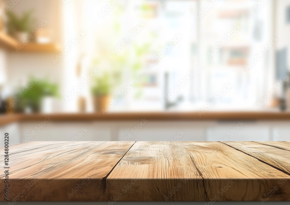 Empty wooden table with interior of the kitchen as a blurred background behind the bokeh golden sunshine Empty wooden table with interior of the kitchen as a blurred background behind the bokeh golden sunshine